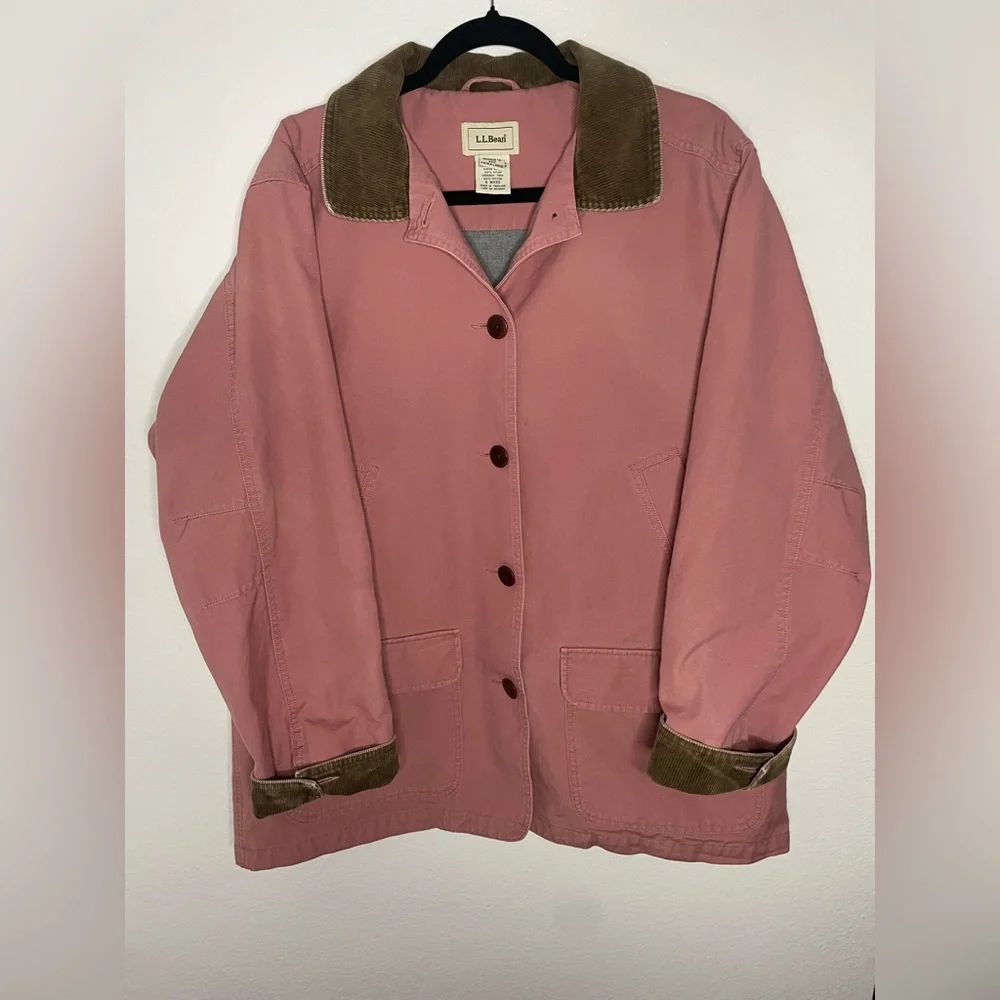 LL Bean Womens Barn Coat Flannel Lined XL Pink Brown Corduroy Trim Chore Field - Picture 1 of 9